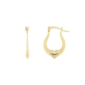 10K Yellow Gold Textured Horseshoe Hoop Earrings with Heart