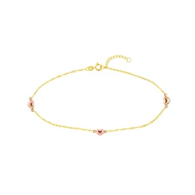 14K Two-Tone Gold Rose Heart Trio Adjustable Anklet