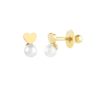 14K Yellow Gold Child's Screw Back Heart and Pearl Stud Earrings