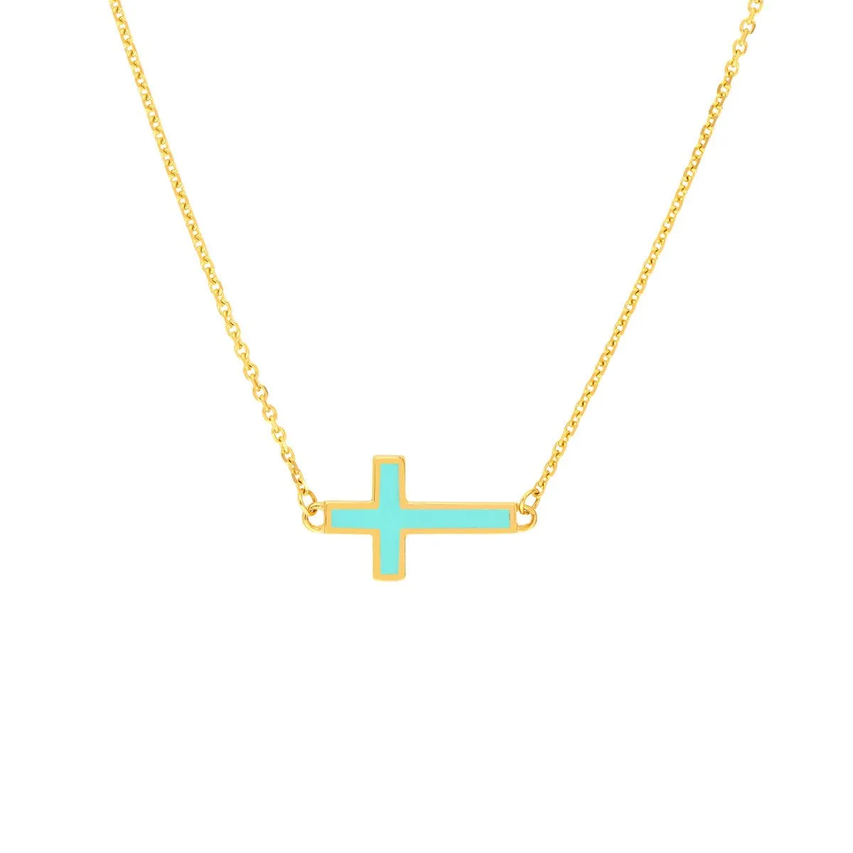 14K Yellow Gold Lt.Turquoise Enamel Sideways Cross Necklace