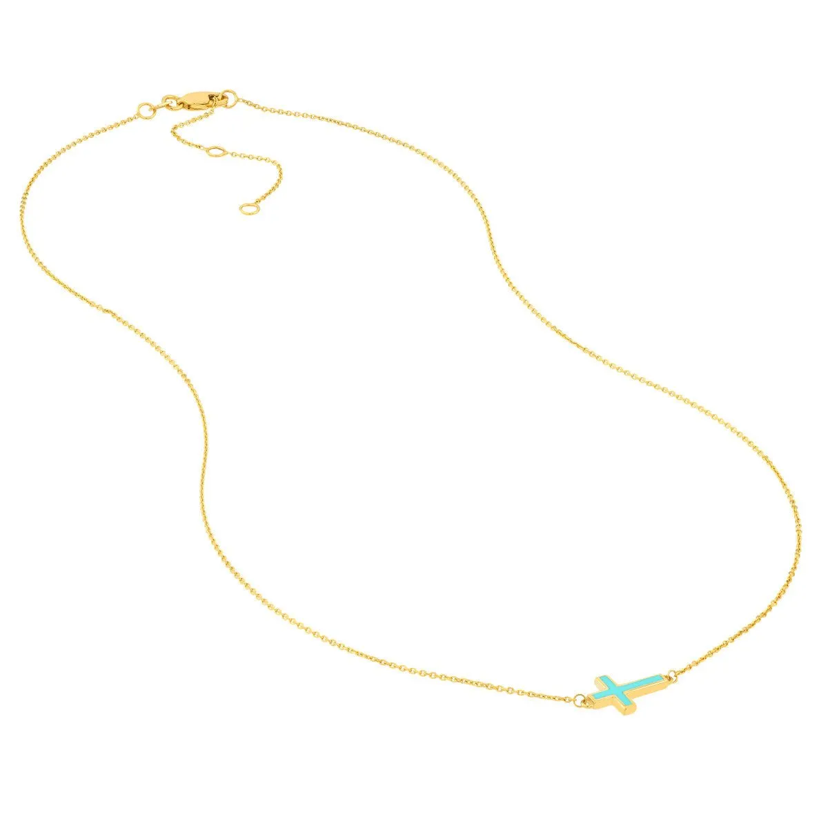 14K Yellow Gold Lt.Turquoise Enamel Sideways Cross Necklace