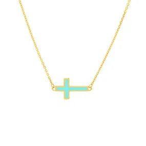 14K Yellow Gold Lt.Turquoise Enamel Sideways Cross Necklace