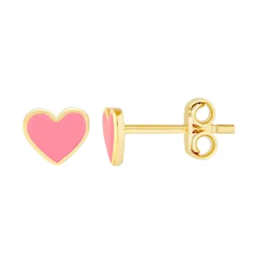 14K Yellow Gold Pink Enamel Heart Baby Stud Earrings