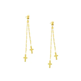 14K Yellow Gold Polished Double Strand Dangle Cross Earrings