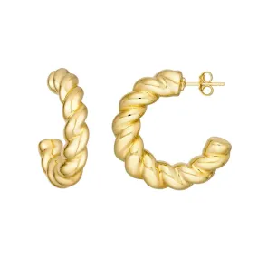 14K Yellow Gold Puff Textured Twist Open Hoop Earrings