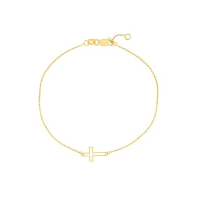 14K Yellow Gold White Enamel Sideways Cross Bracelet