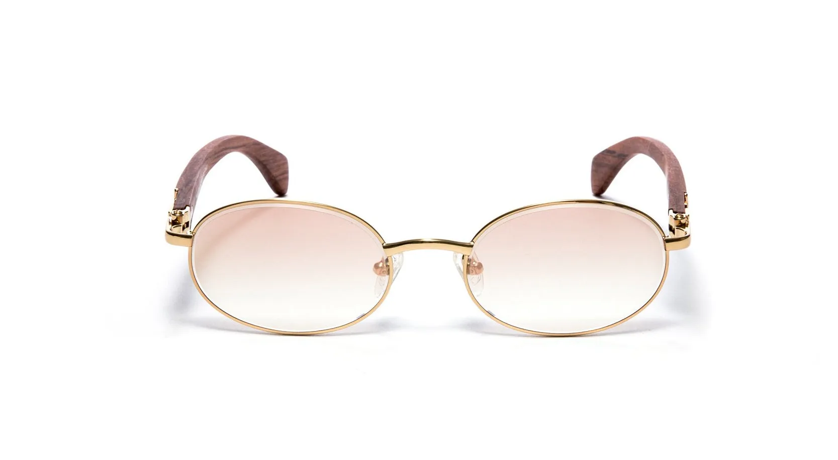 18KT Gold & Wood Oval Sunglasses, Gradient Brown   White Gold Mirror Lenses