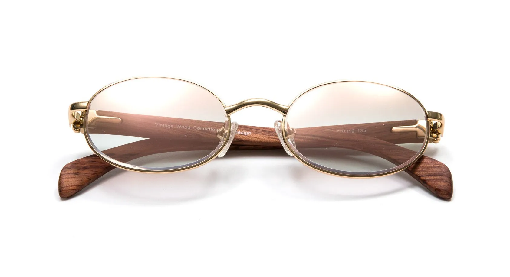 18KT Gold & Wood Oval Sunglasses, Gradient Brown   White Gold Mirror Lenses