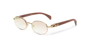 18KT Gold & Wood Oval Sunglasses, Gradient Brown   White Gold Mirror Lenses