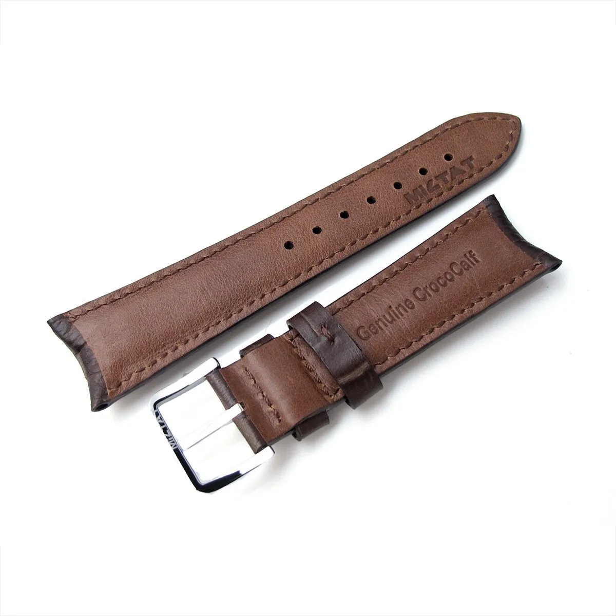 20mm, 22mm CrocoCalf (Croco Grain) Matte Brown Semi-Curved Watch strap, Brown Stitching, P