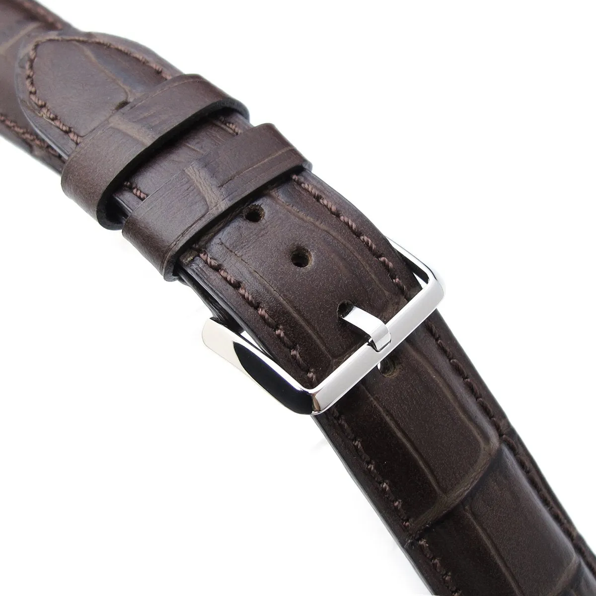 20mm, 22mm CrocoCalf (Croco Grain) Matte Brown Semi-Curved Watch strap, Brown Stitching, P