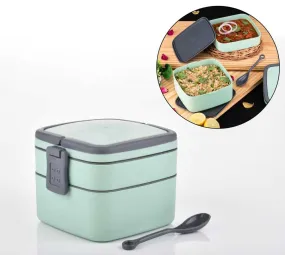 5489 Double-Layer Airtight Square Lunch Box with Handle & Spoon , 2 Compartment Tiffin with Handle & Push Lock , Plastic Tiffin Box for Travelling, School Kids & Office Exclusive, Home