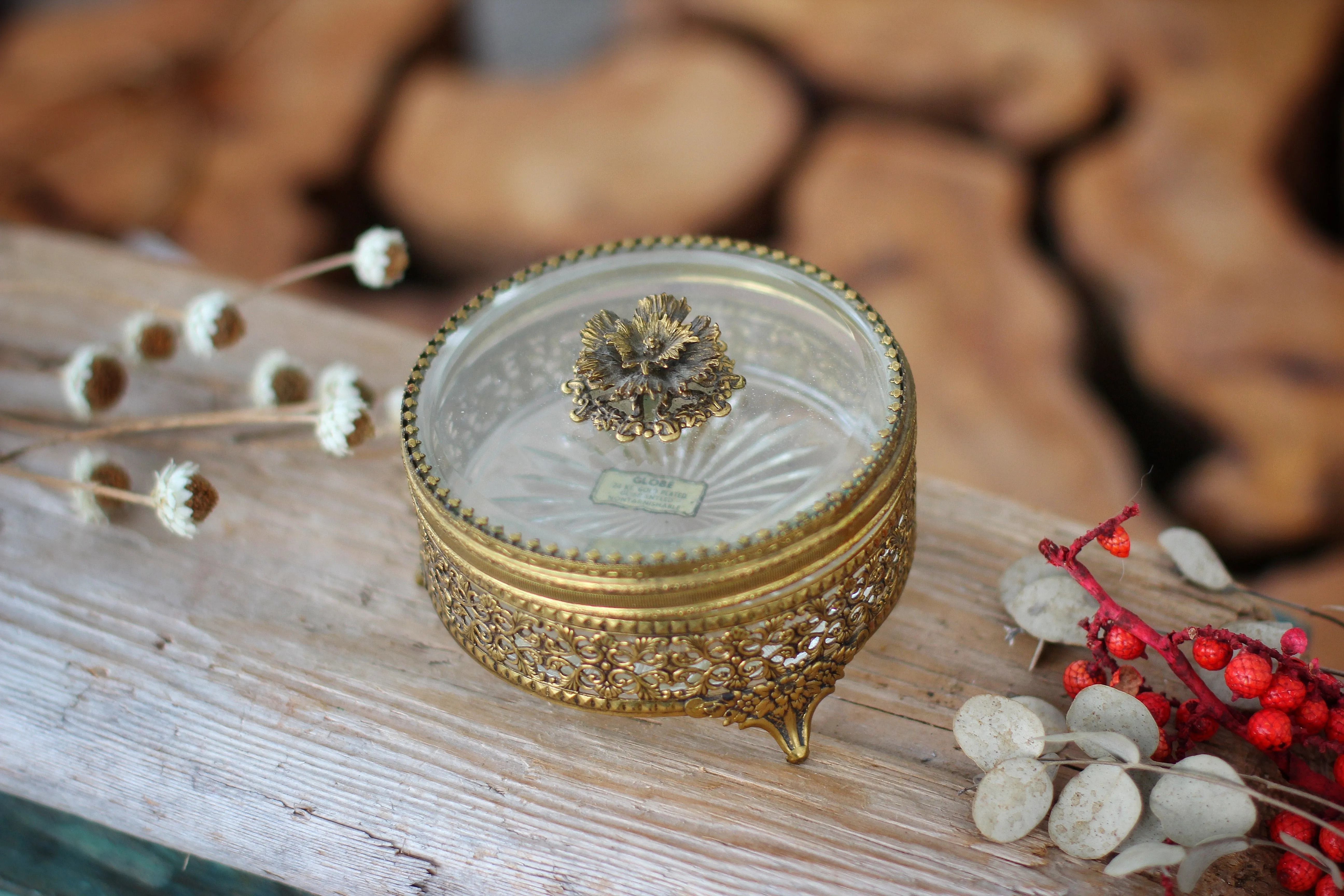 Antique Floral Top Filigree Gold Glass Jar