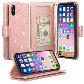 Apple iPhone XR Case, Apple A1984, [Wrist Strap] Glitter Faux Leather Flip [Kickstand Feature] Protective Wallet Case Clutch - Rose Gold