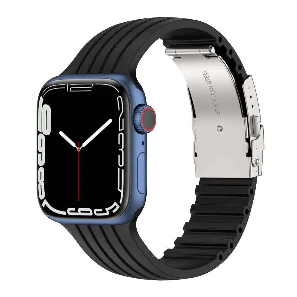 Apple Watch (45mm) stripe silicone watch strap with folding clasp - Black