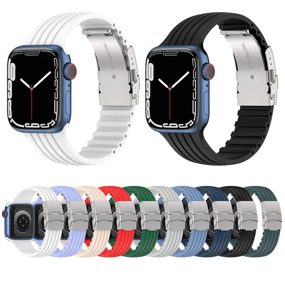 Apple Watch (45mm) stripe silicone watch strap with folding clasp - Black