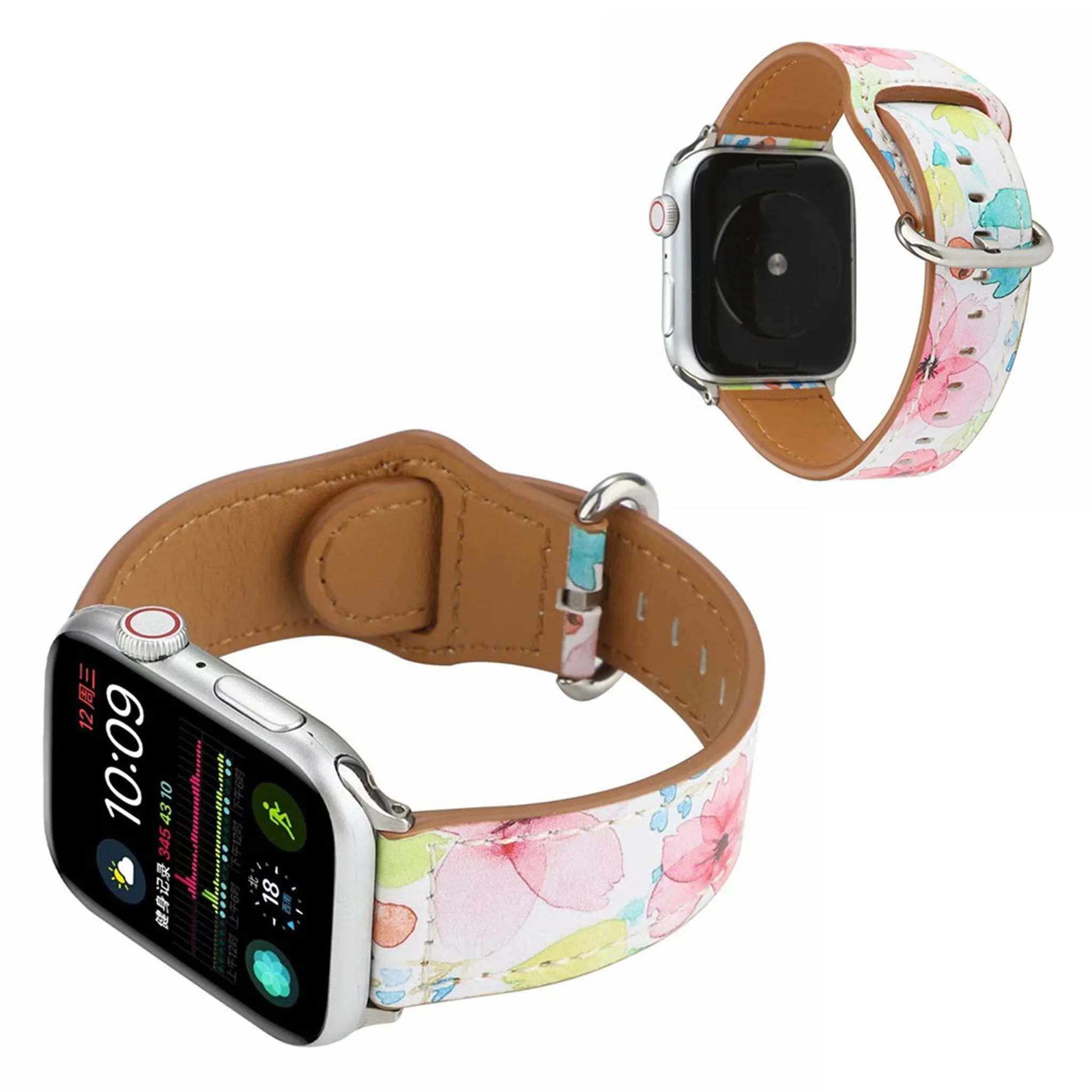 Apple Watch Series 6 / 5 44mm pattern genuine leather watch band - Pink Flower