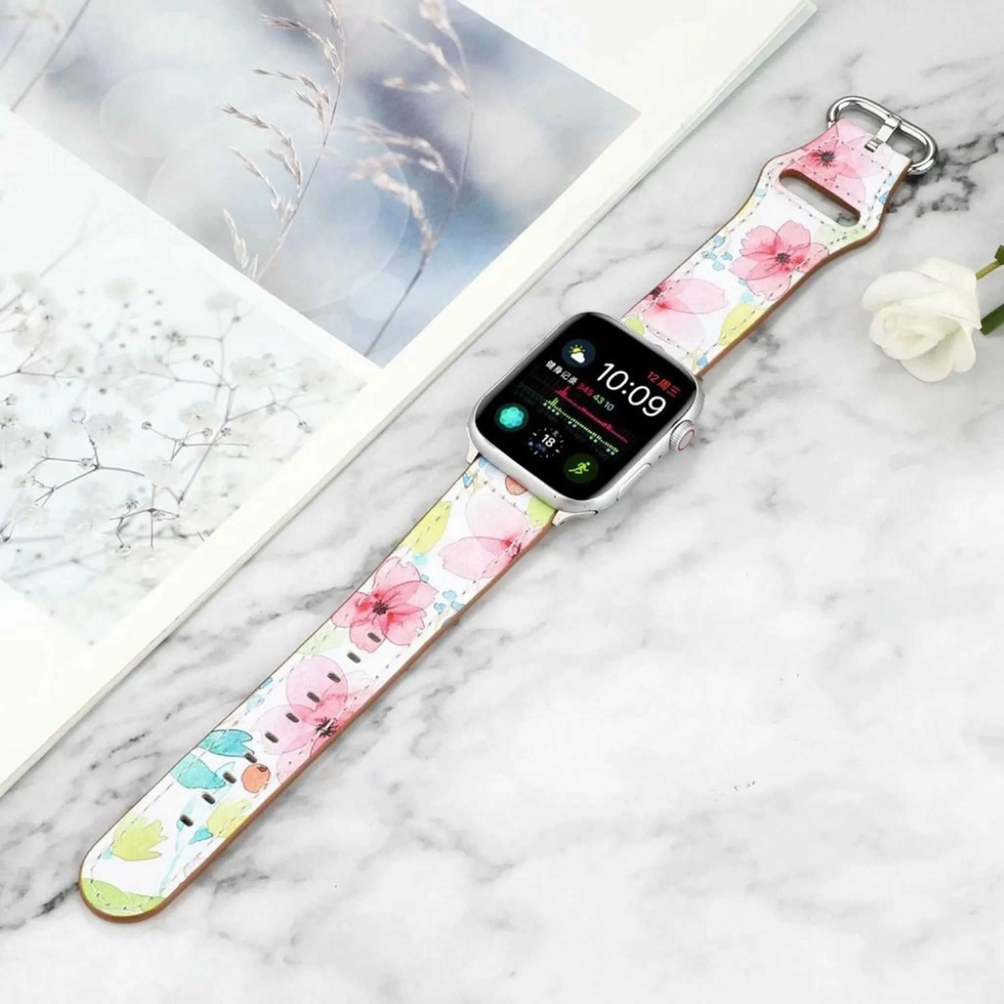 Apple Watch Series 6 / 5 44mm pattern genuine leather watch band - Pink Flower