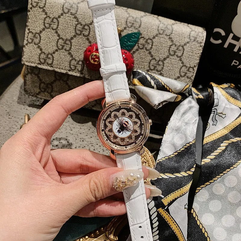 Bee Pattern Leather Strap Women's Watch