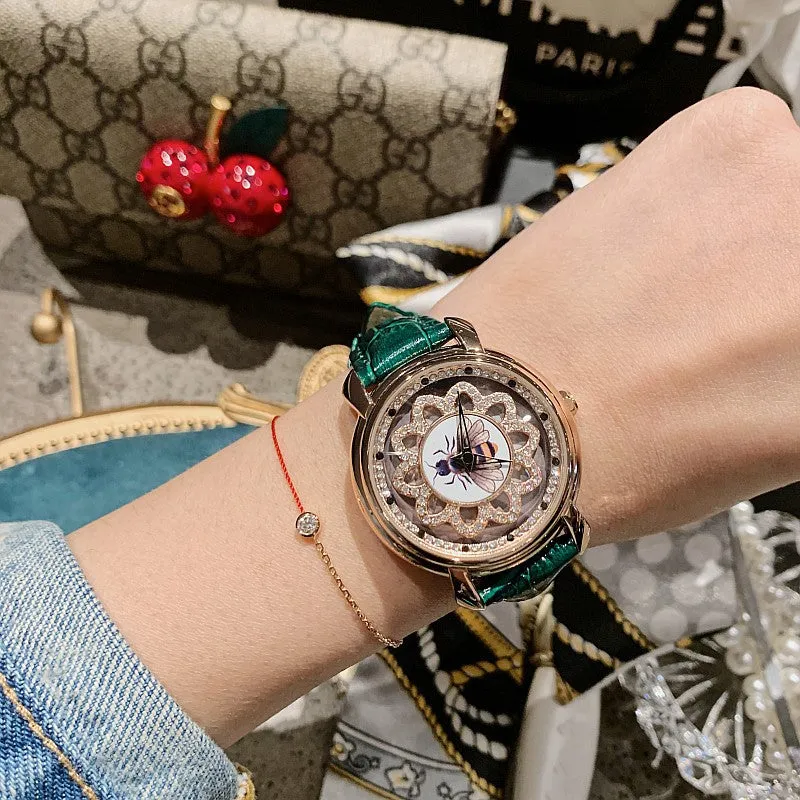 Bee Pattern Leather Strap Women's Watch