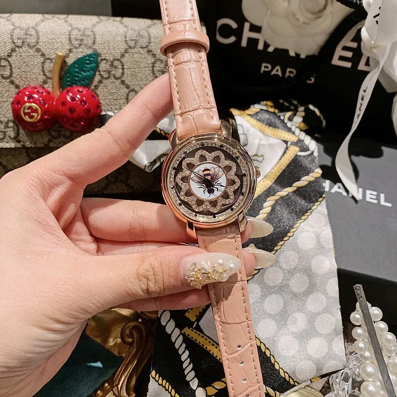 Bee Pattern Leather Strap Women's Watch