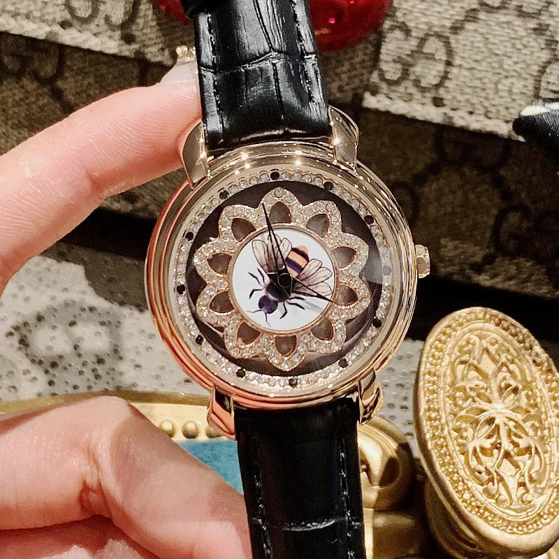 Bee Pattern Leather Strap Women's Watch