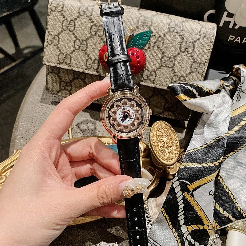 Bee Pattern Leather Strap Women's Watch