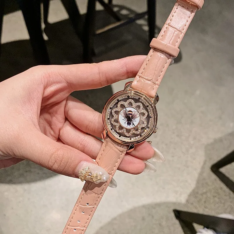 Bee Pattern Leather Strap Women's Watch