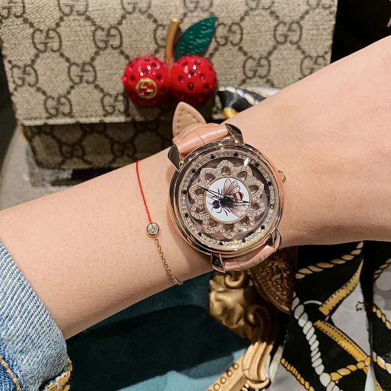 Bee Pattern Leather Strap Women's Watch