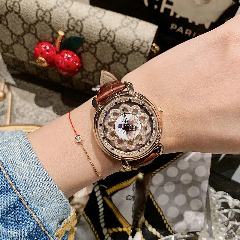 Bee Pattern Leather Strap Women's Watch