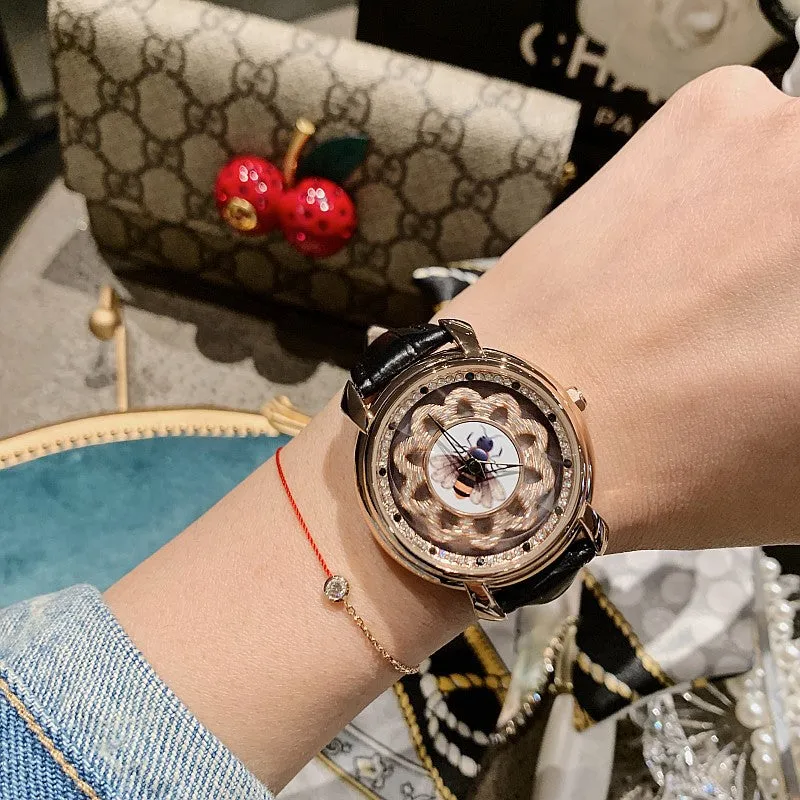 Bee Pattern Leather Strap Women's Watch