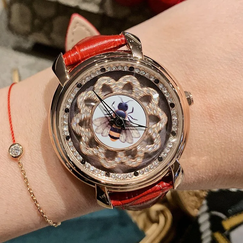 Bee Pattern Leather Strap Women's Watch