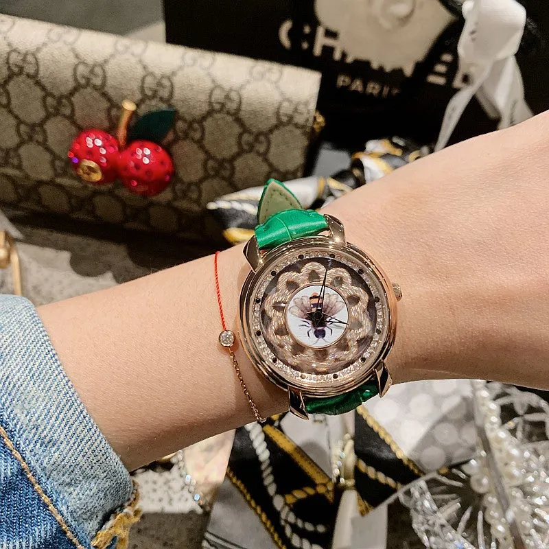 Bee Pattern Leather Strap Women's Watch