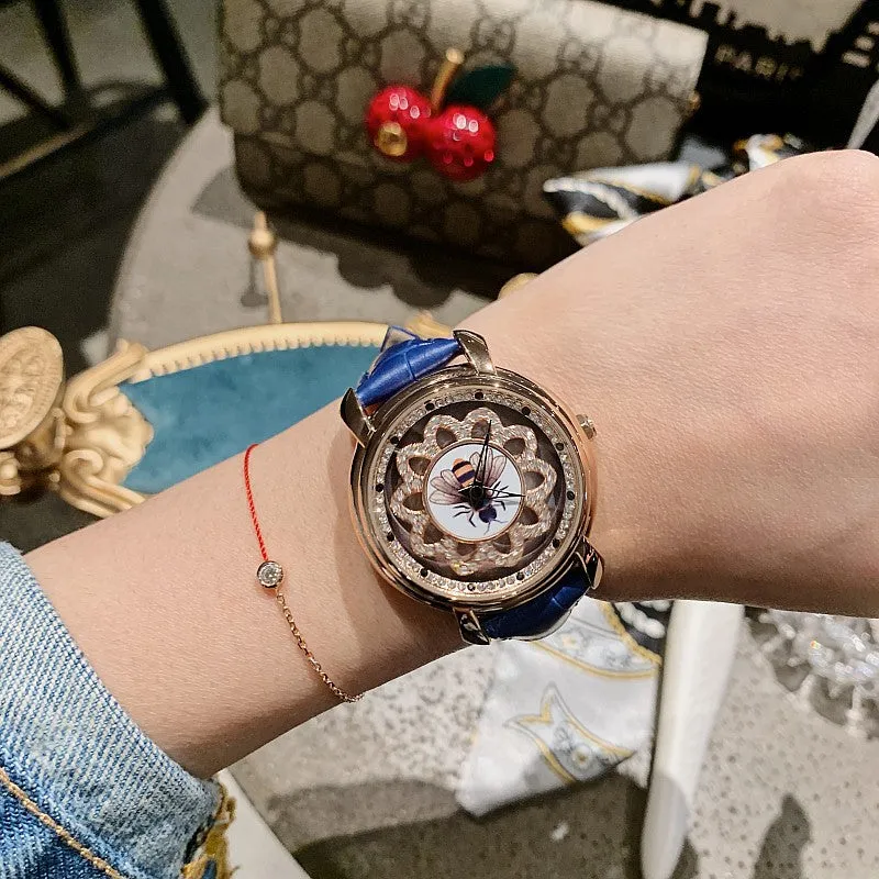 Bee Pattern Leather Strap Women's Watch