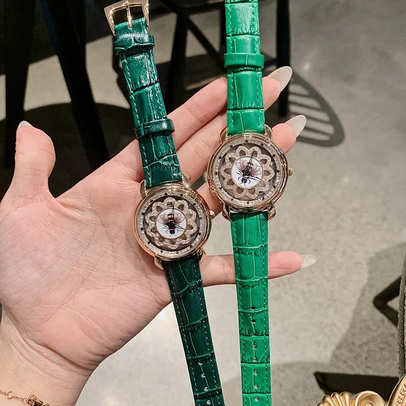 Bee Pattern Leather Strap Women's Watch