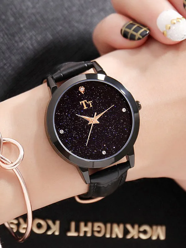 Black Shell Starry Pattern Women's Watch