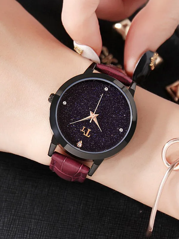 Black Shell Starry Pattern Women's Watch