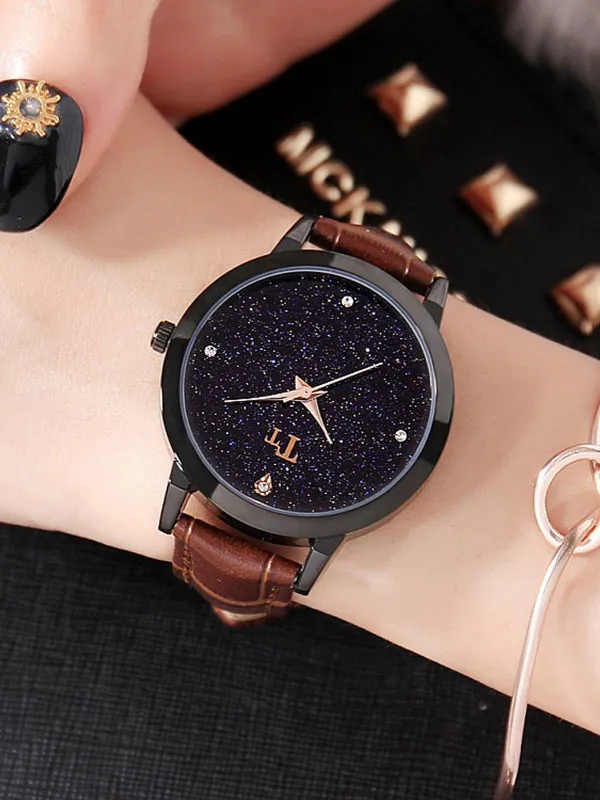 Black Shell Starry Pattern Women's Watch