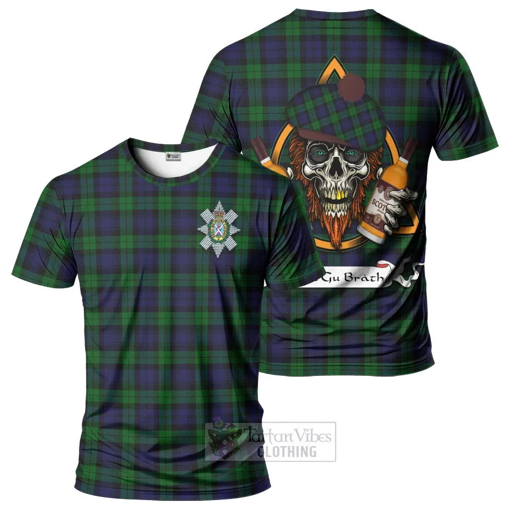 Black Watch Tartan T-Shirt with Family Crest and Bearded Skull Holding Bottles of Whiskey