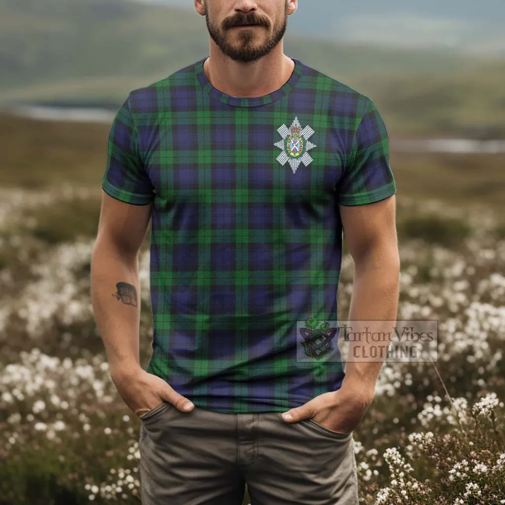 Black Watch Tartan T-Shirt with Family Crest and Bearded Skull Holding Bottles of Whiskey