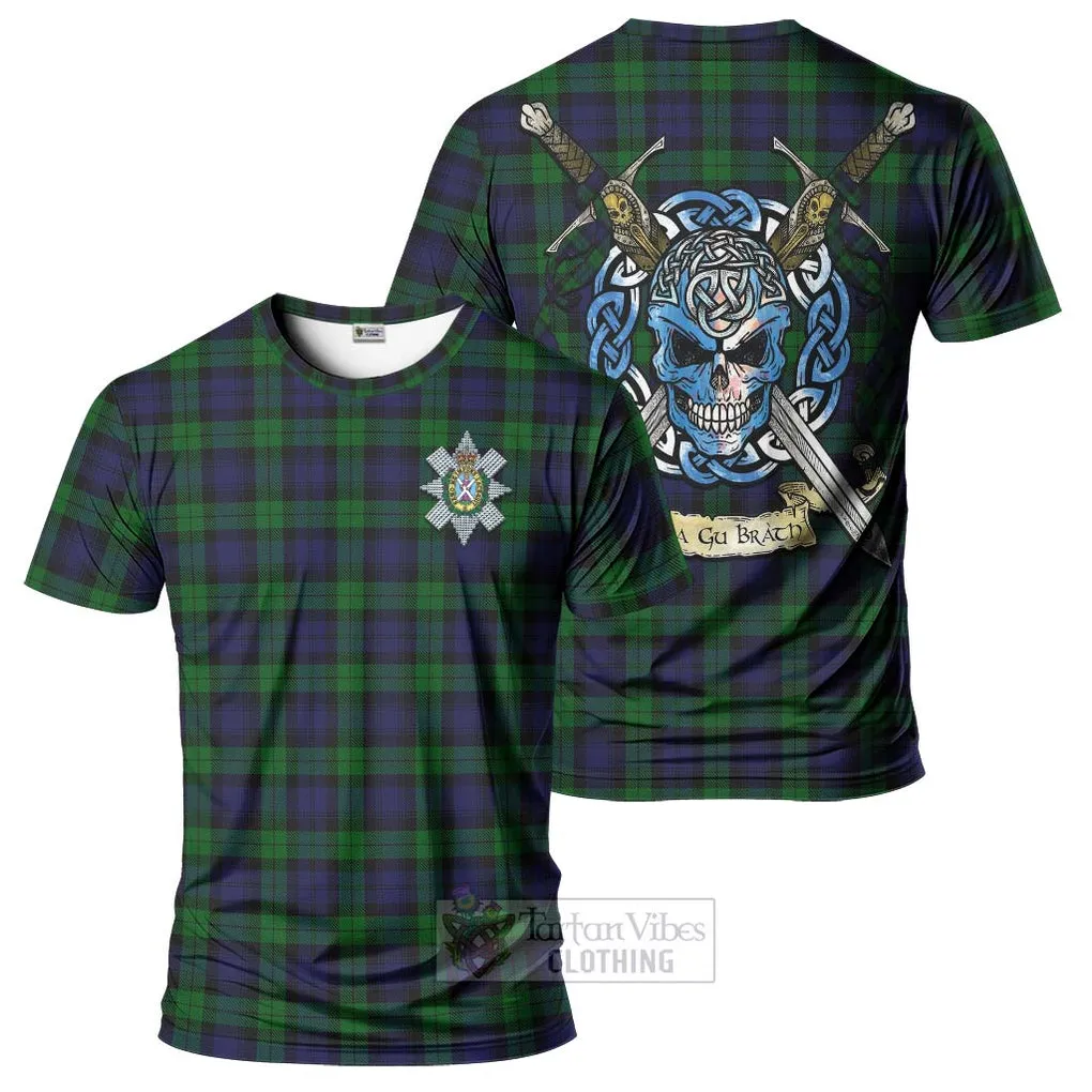 Black Watch Tartan T-Shirt with Family Crest Celtic Skull Style