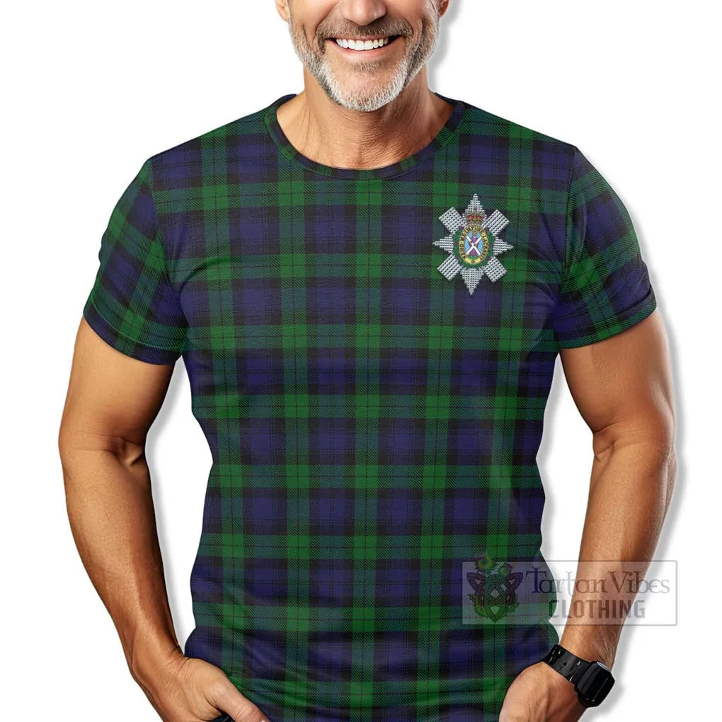 Black Watch Tartan T-Shirt with Family Crest Celtic Skull Style