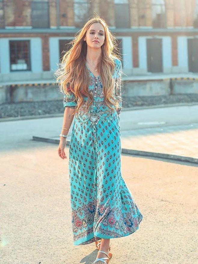 Bohemia Floral V Neck Half Sleeve Front Split Maxi Dress