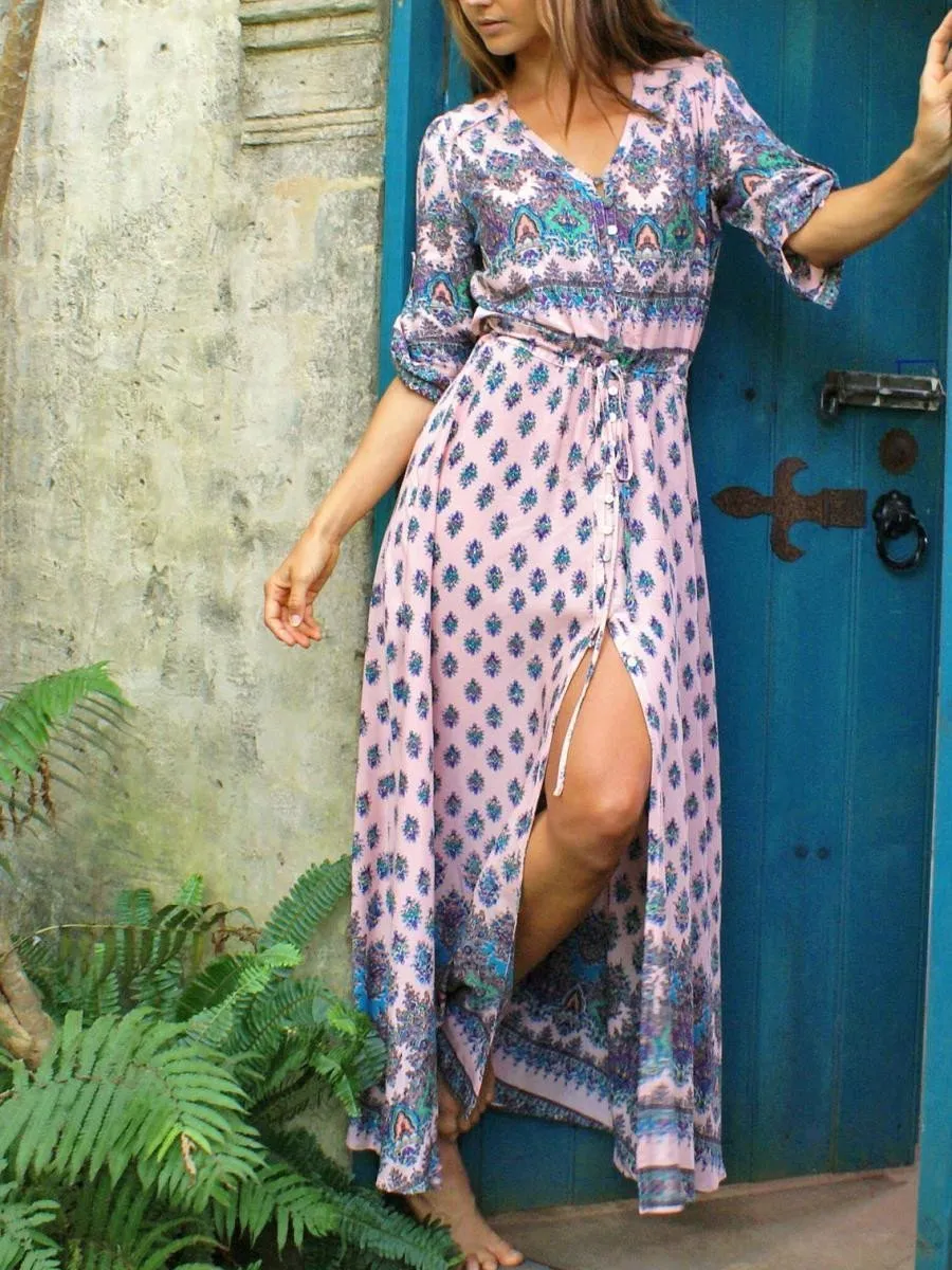 Bohemia Floral V Neck Half Sleeve Front Split Maxi Dress