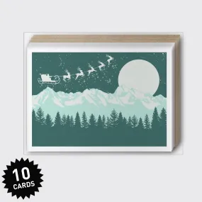 Box Set of 10 - Santa Over Mountains Greeting Card