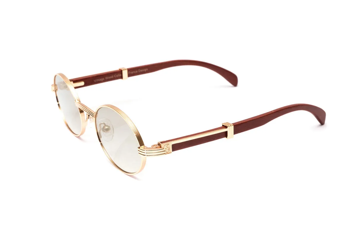 BRIGADE 18KT Rose Gold & Brown Wood Oval Sunglasses, Gradient Grey   White Gold Mirror Lenses