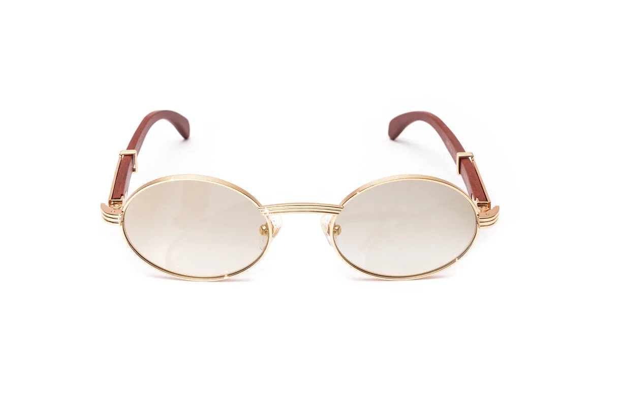 BRIGADE 18KT Rose Gold & Brown Wood Oval Sunglasses, Gradient Grey   White Gold Mirror Lenses