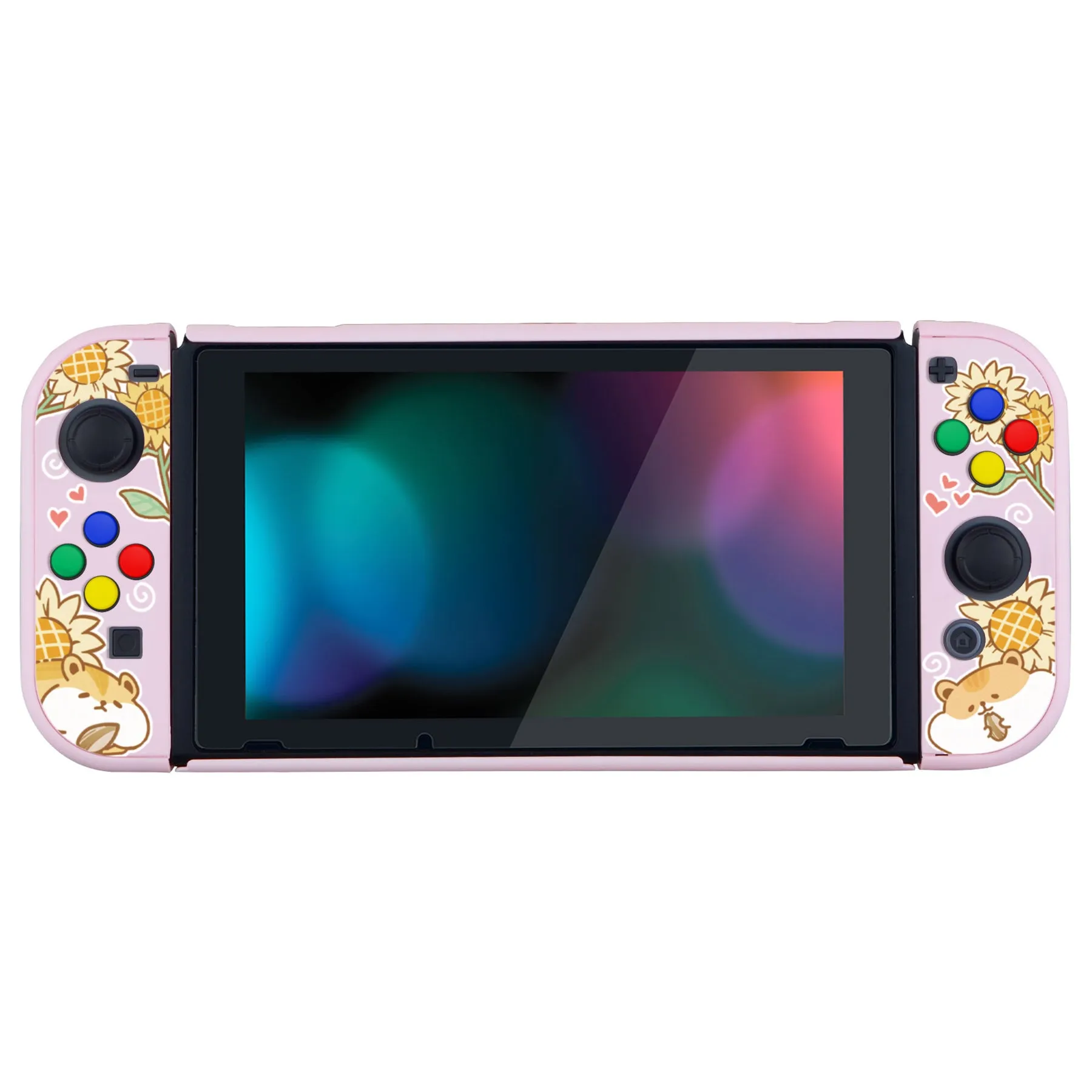 eXtremeRate PlayVital Hamster & Sunflower Back Cover for NS Switch Console, NS Joycon Handheld Controller Separable Protector Hard Shell, Dockable Protective Case with Colorful ABXY Direction Button Caps - NTT106