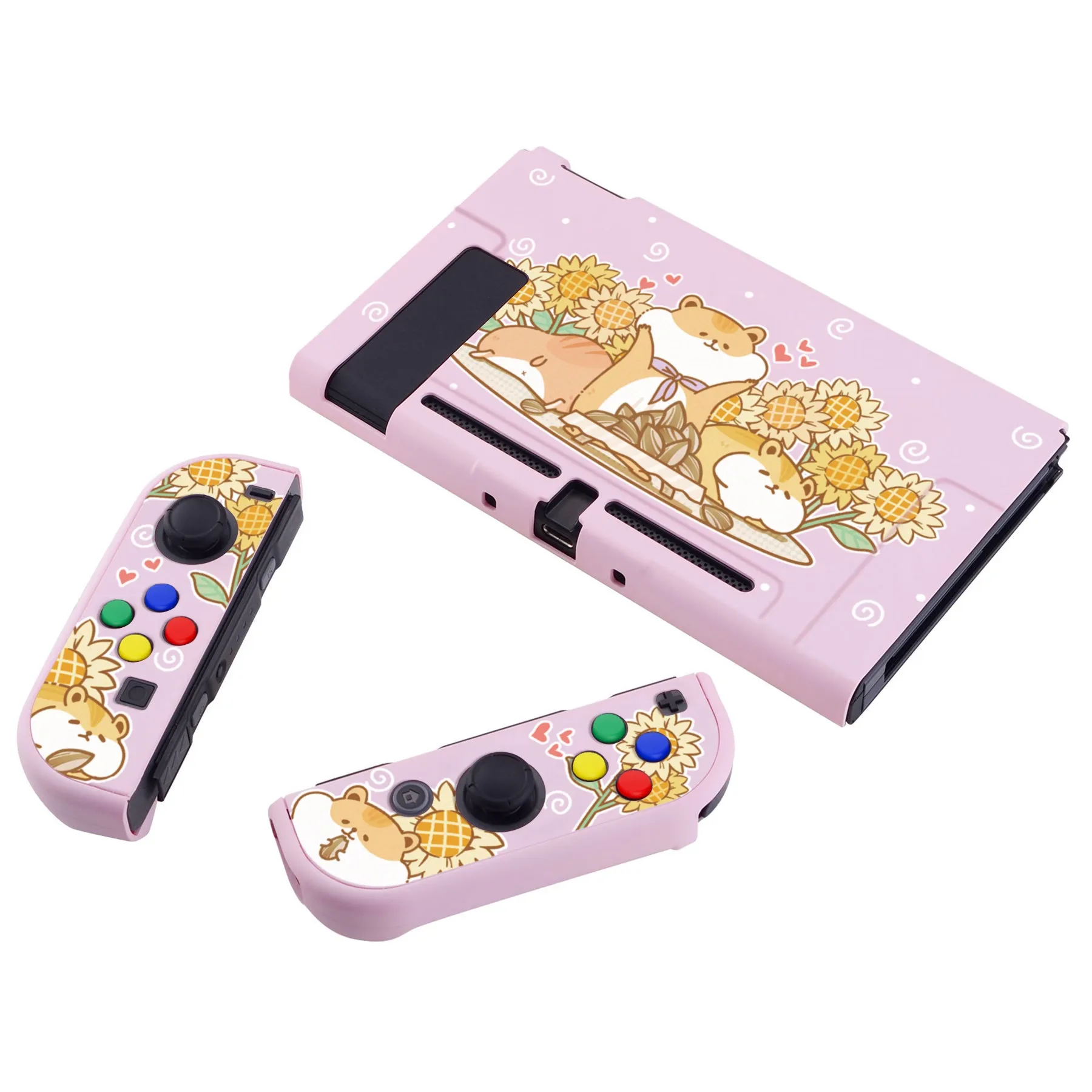 eXtremeRate PlayVital Hamster & Sunflower Back Cover for NS Switch Console, NS Joycon Handheld Controller Separable Protector Hard Shell, Dockable Protective Case with Colorful ABXY Direction Button Caps - NTT106