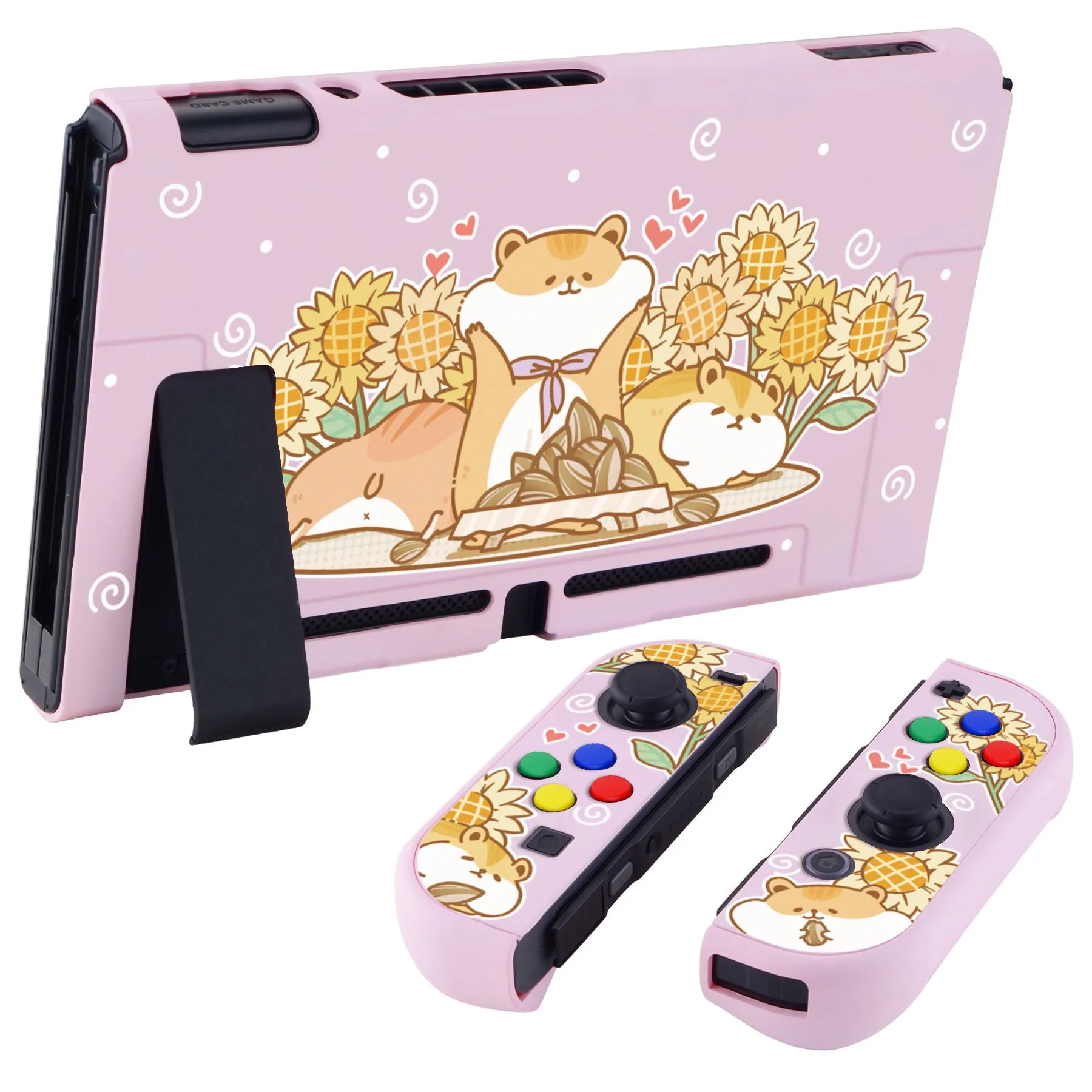 eXtremeRate PlayVital Hamster & Sunflower Back Cover for NS Switch Console, NS Joycon Handheld Controller Separable Protector Hard Shell, Dockable Protective Case with Colorful ABXY Direction Button Caps - NTT106